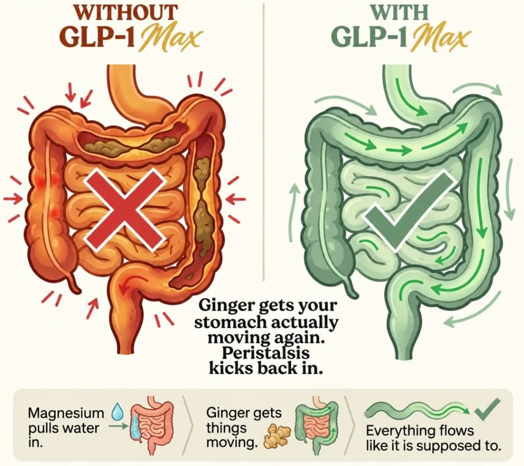 Without vs with GLP-1 Max digestive comparison, and the two-step mechanism of magnesium pulling water in and ginger getting things moving